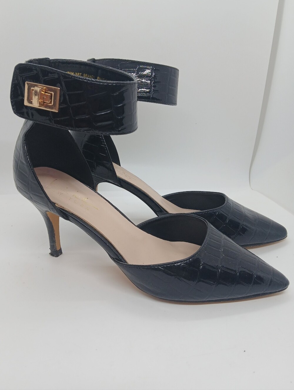 ​Nicole Miller New York Brandy Croc Embossed Ankle Strap Pumps Gold Buckle 8.5